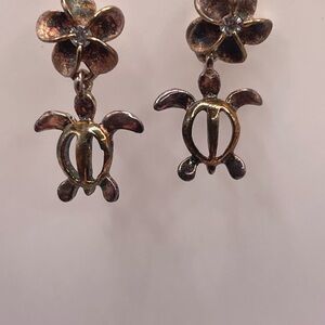 925 Sterling Silver Hawaiian Honu Turtle Dangle Earrings Flower Tropical